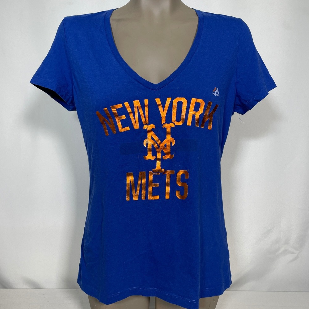 New York Mets MLB Majestic Blue Metallic Orange Foil T-Shirt Women's LARGE